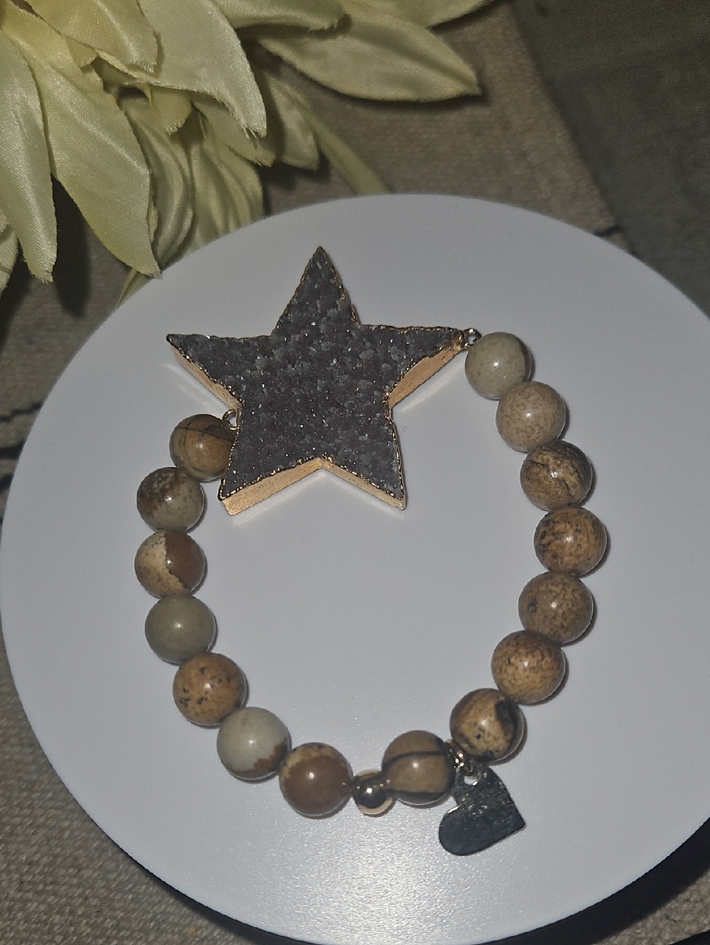 Beautiful Brown Jasper Bracelet with Gray Druzy Star Accent